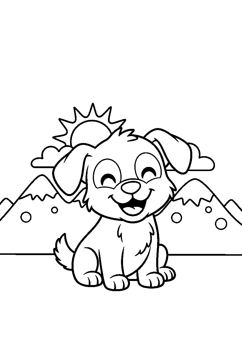 puppy smiling happily in the mountains line art