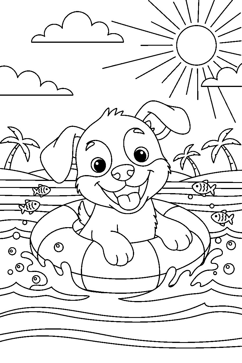 puppy smiling happily in the ocean line art