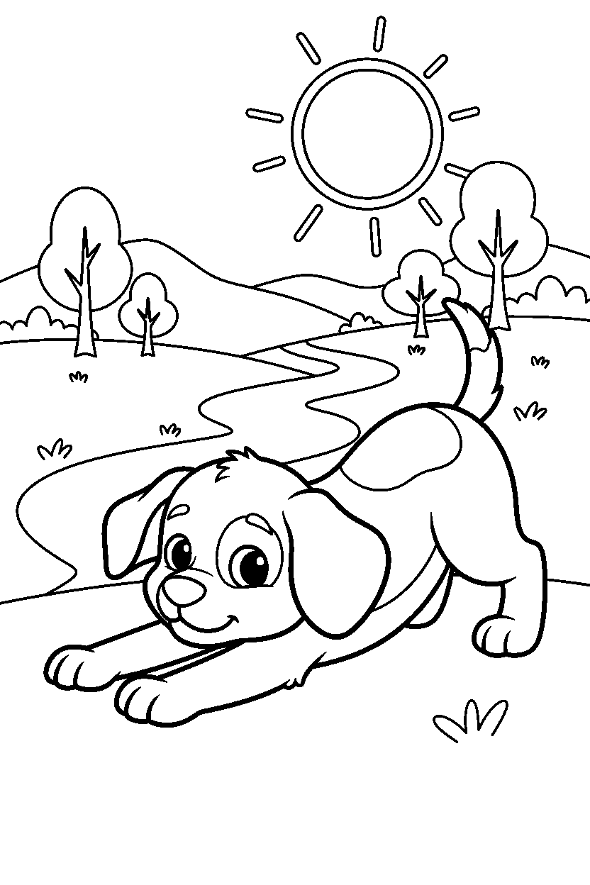 puppy stretching playfully in a nature reserve line art