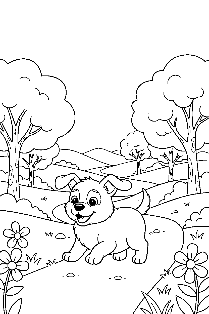 puppy walking happily in a nature reserve line art