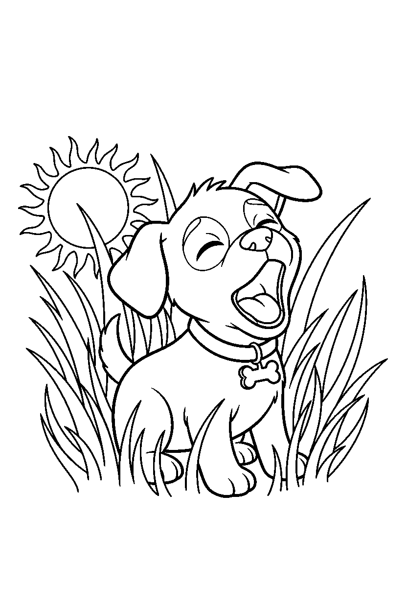 puppy yawning sleepily in tall grass line art