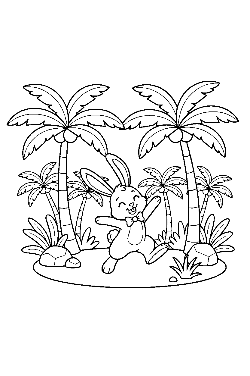 rabbit dancing in a palm forest line art