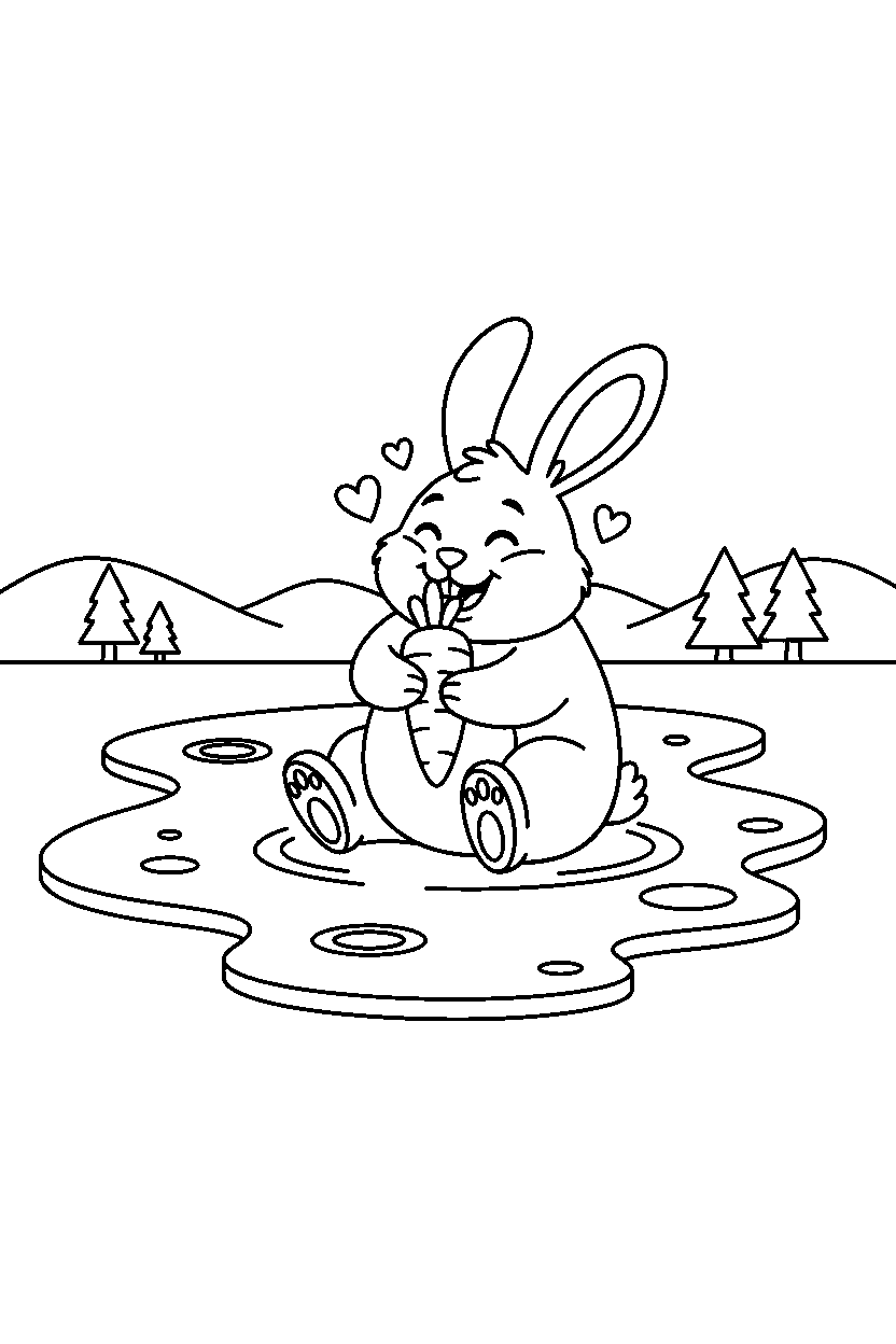 rabbit eating happily on an ice lake line art