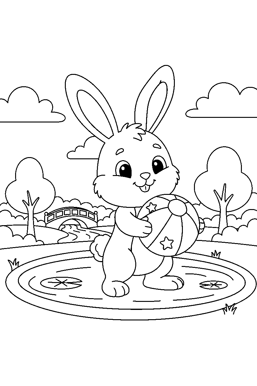 rabbit holding a ball at a park pond line art