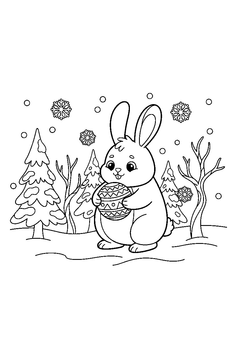 rabbit holding a ball in a winter forest line art