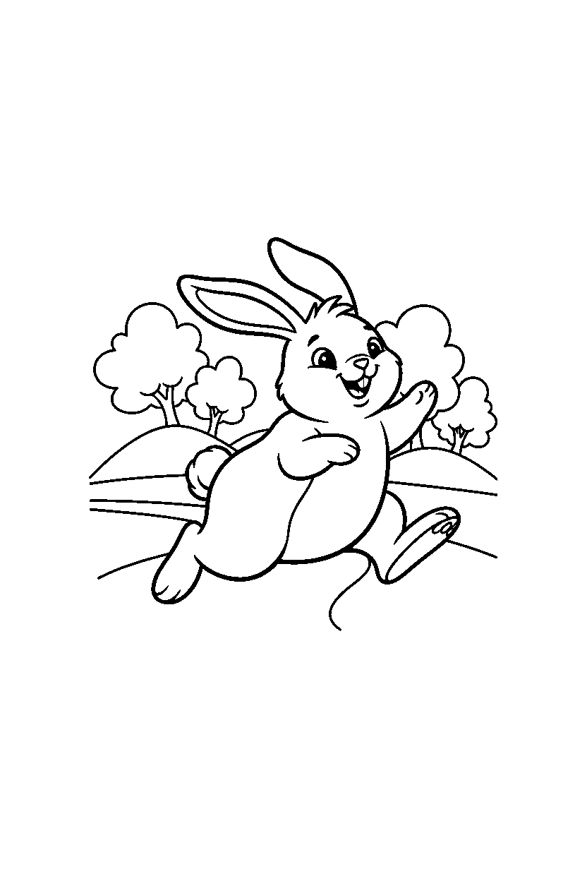rabbit jumping playfully in the countryside line art