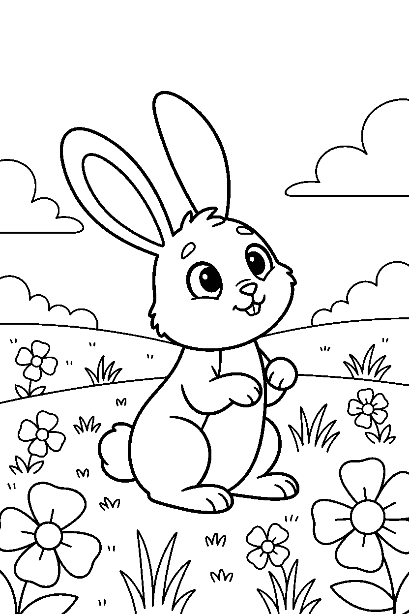 rabbit looking curious in an open field line art
