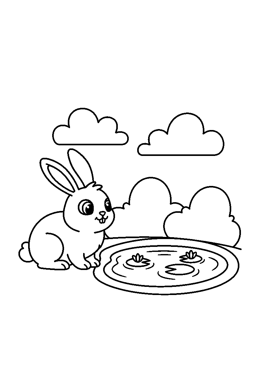 rabbit looking curious near a small pond line art