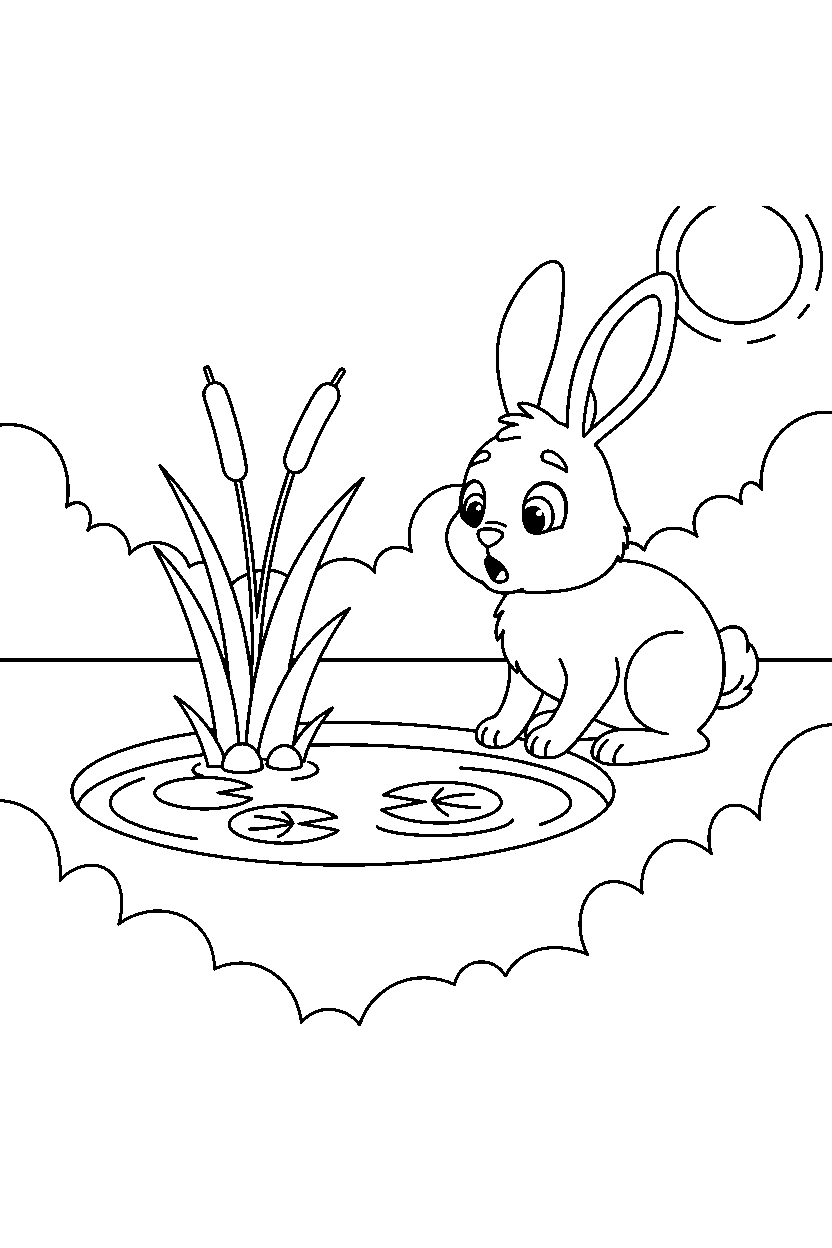 rabbit looking surprised near a small pond line art