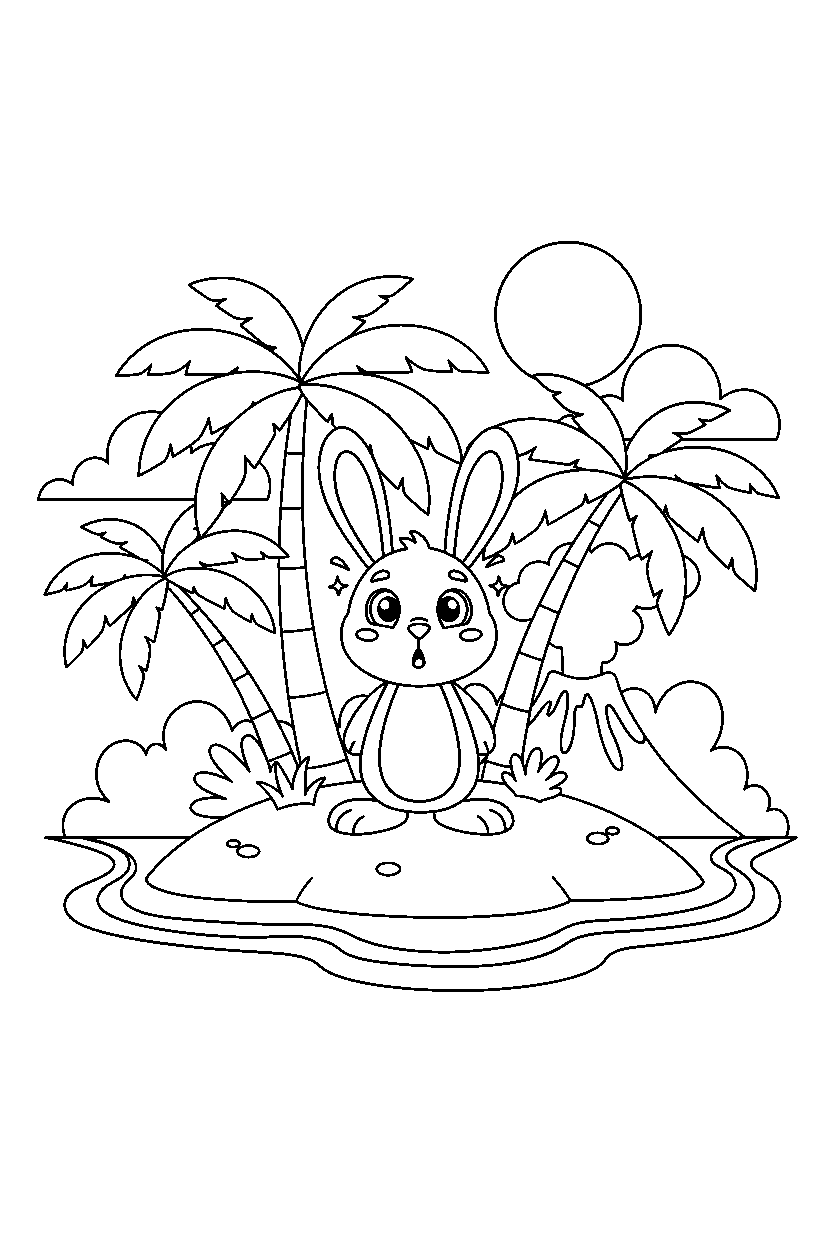 rabbit looking surprised on a tropical island line art
