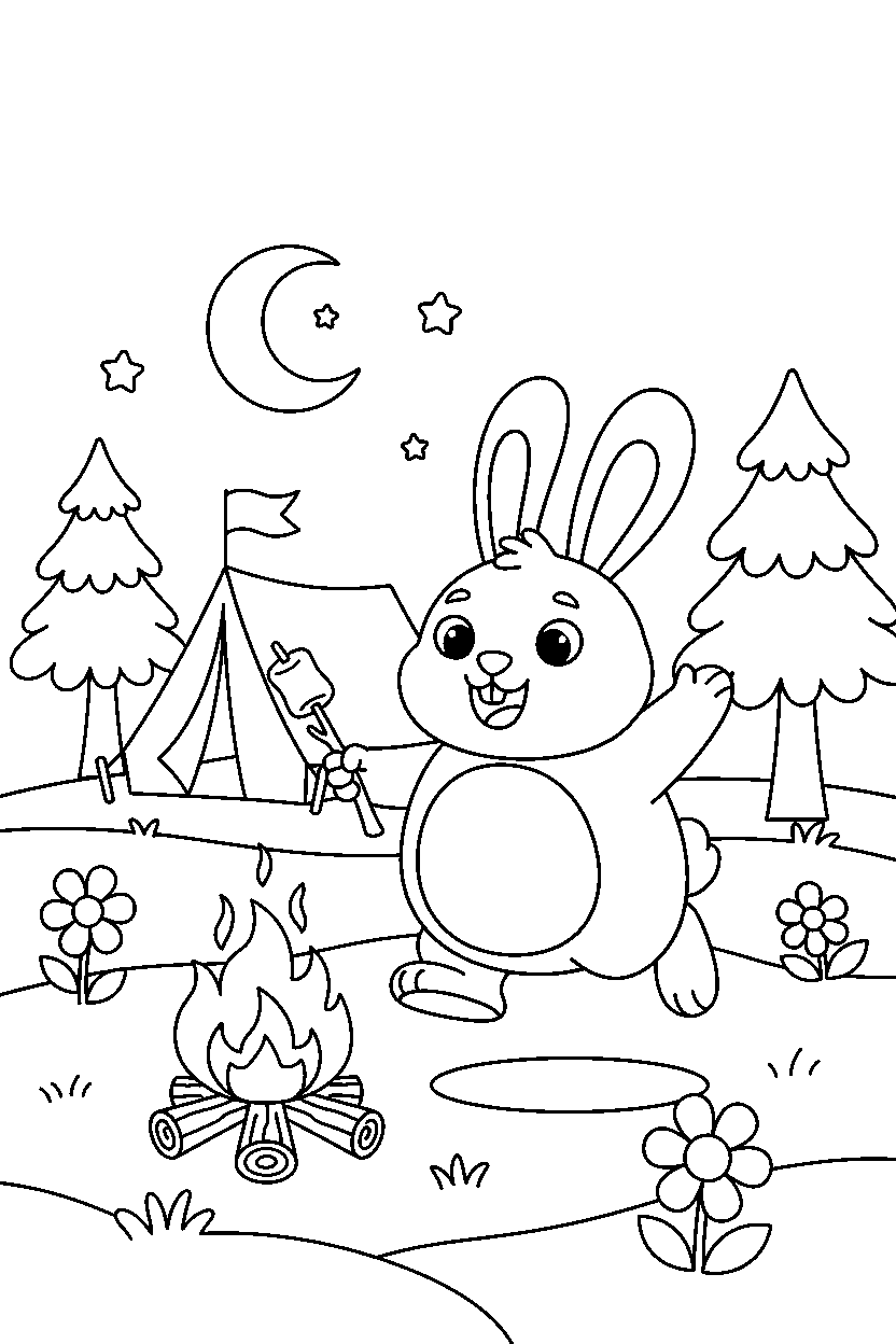 rabbit playing happily at a campground line art