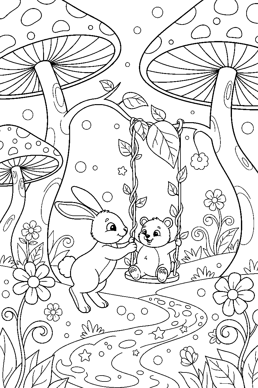 rabbit playing with a baby animal in a magical forest line art