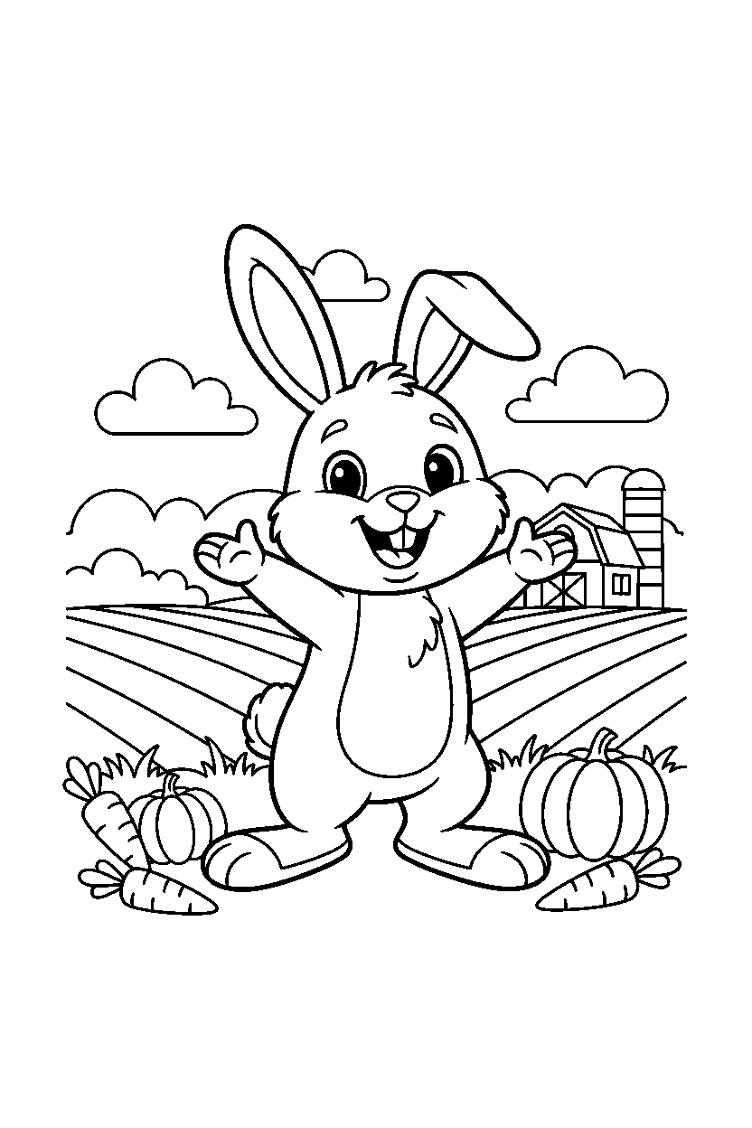 rabbit posing happily in a farm field line art