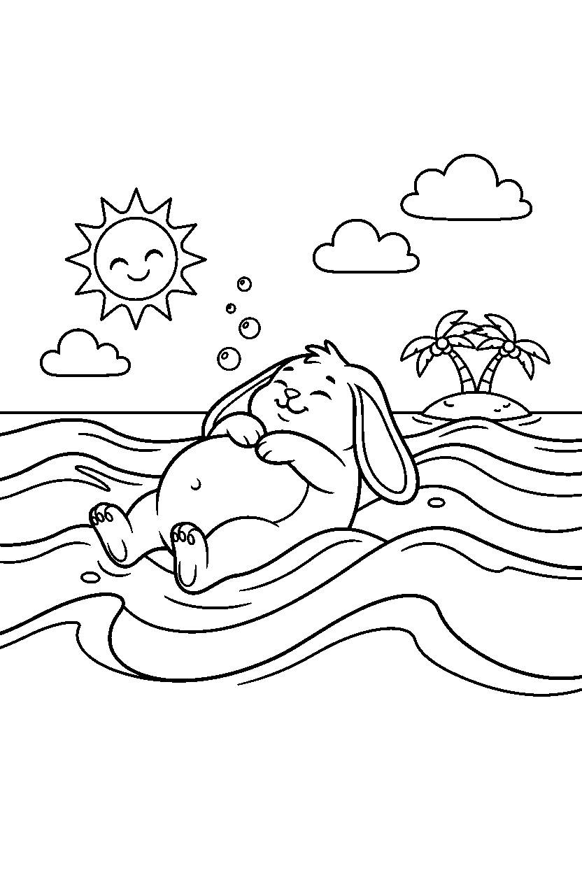 rabbit relaxing peacefully in the ocean line art