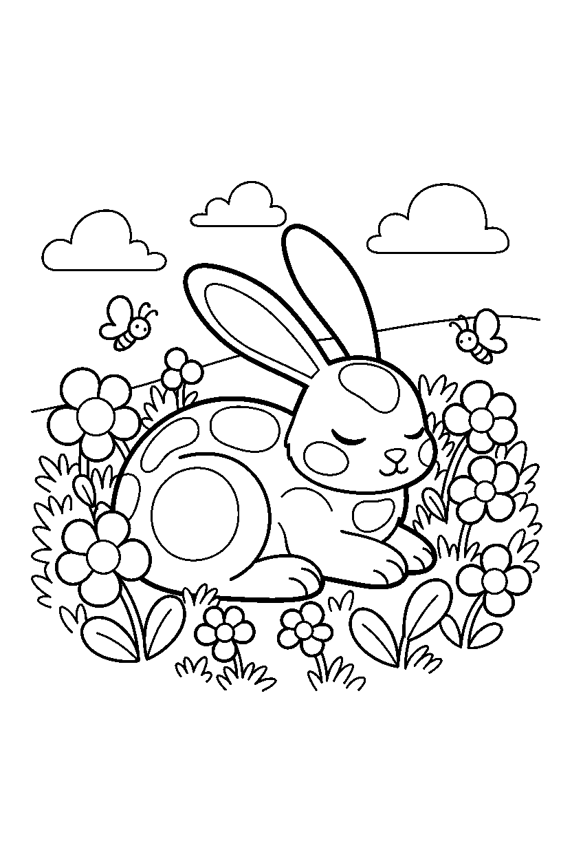 rabbit resting peacefully in a flower meadow line art