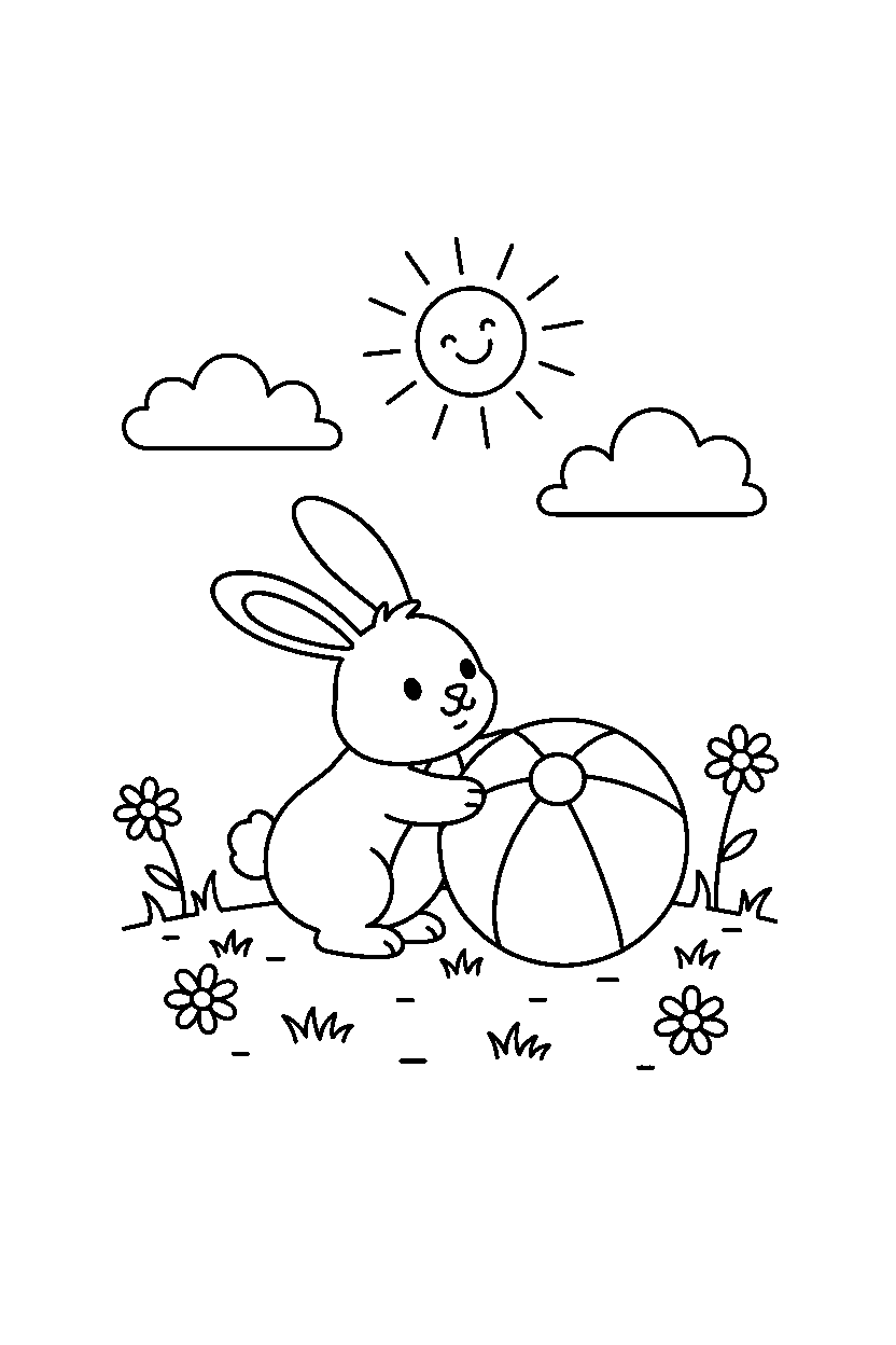 rabbit rolling a ball in a sunny meadow line art
