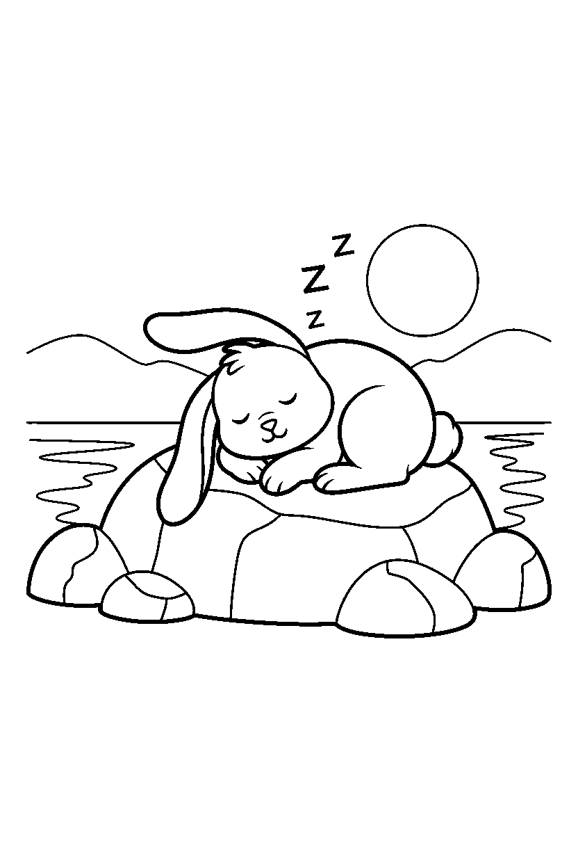 rabbit sleeping peacefully on a rocky shore line art