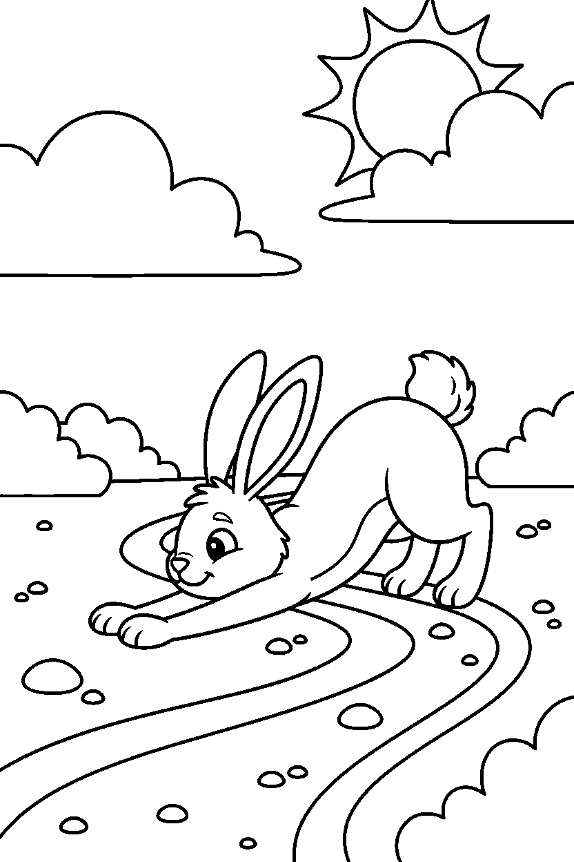 rabbit stretching playfully on a dirt path line art