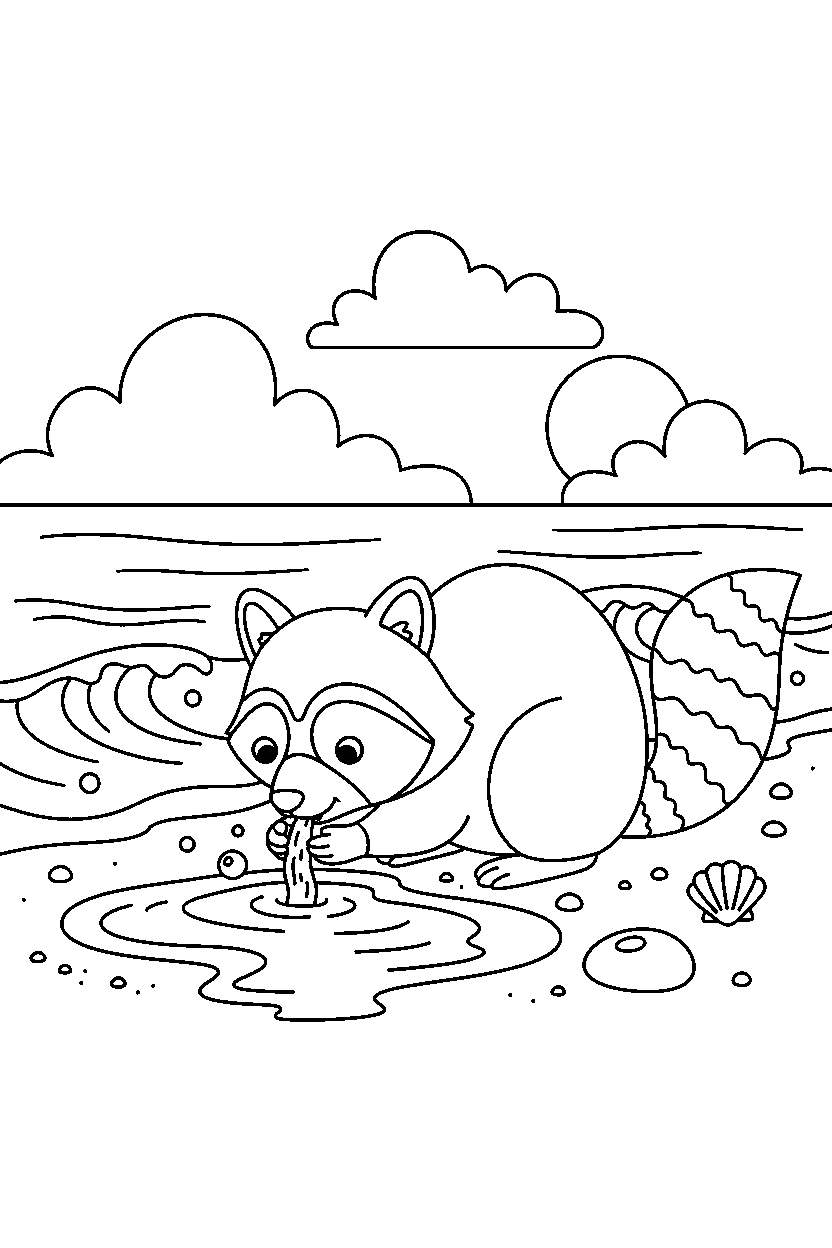 raccoon drinking water on an ocean beach line art