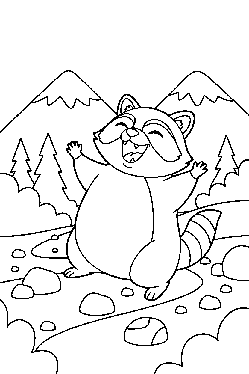 raccoon laughing playfully on a mountain trail line art