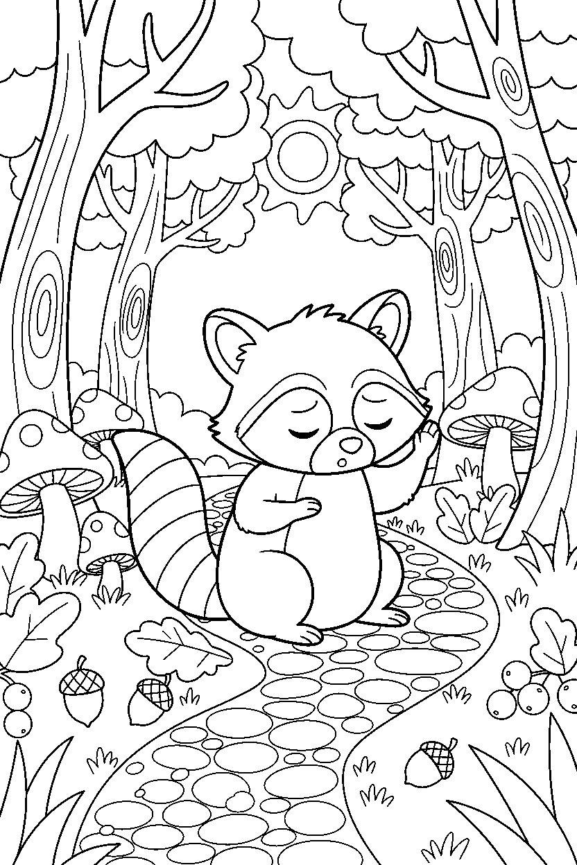 raccoon listening carefully on a forest trail line art