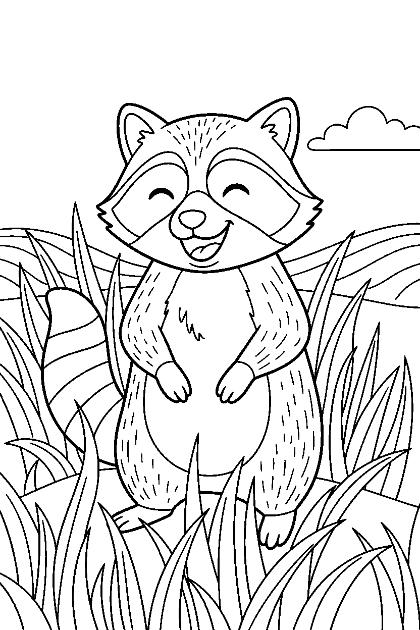 raccoon looking happy in tall grass line art