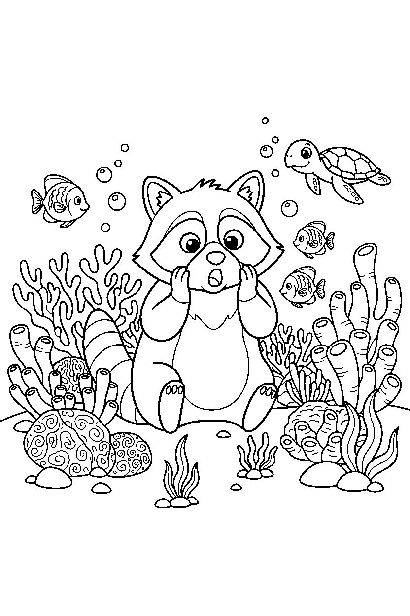 raccoon looking surprised in a coral reef line art