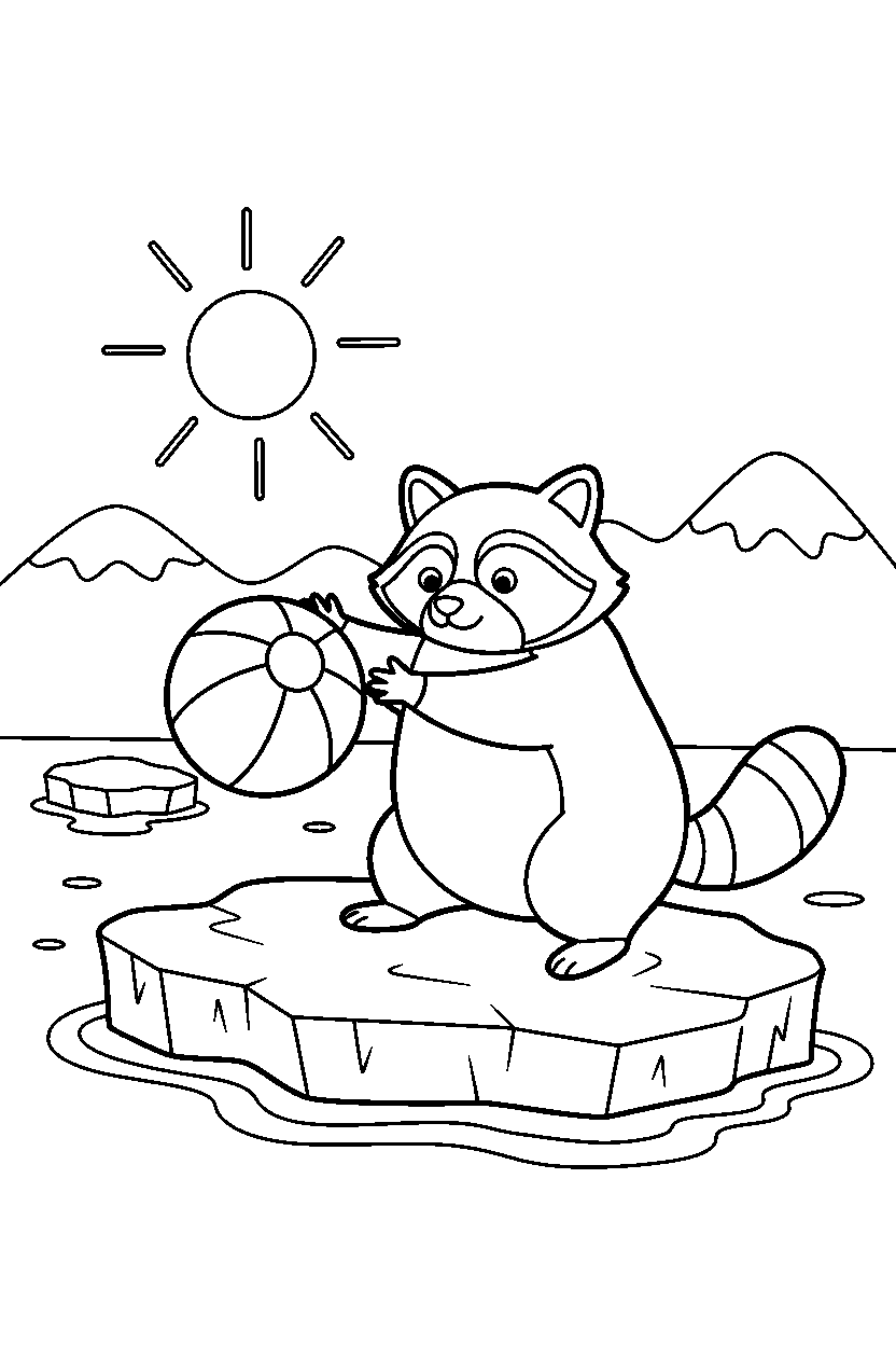 raccoon playing with a ball on sea ice line art