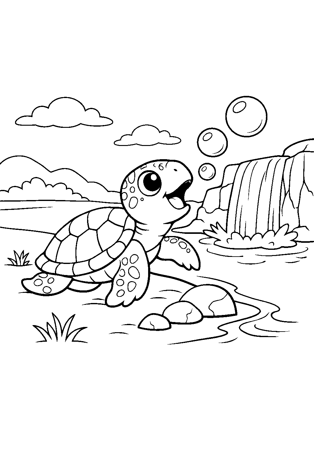 sea turtle chasing bubbles on a river bank line art