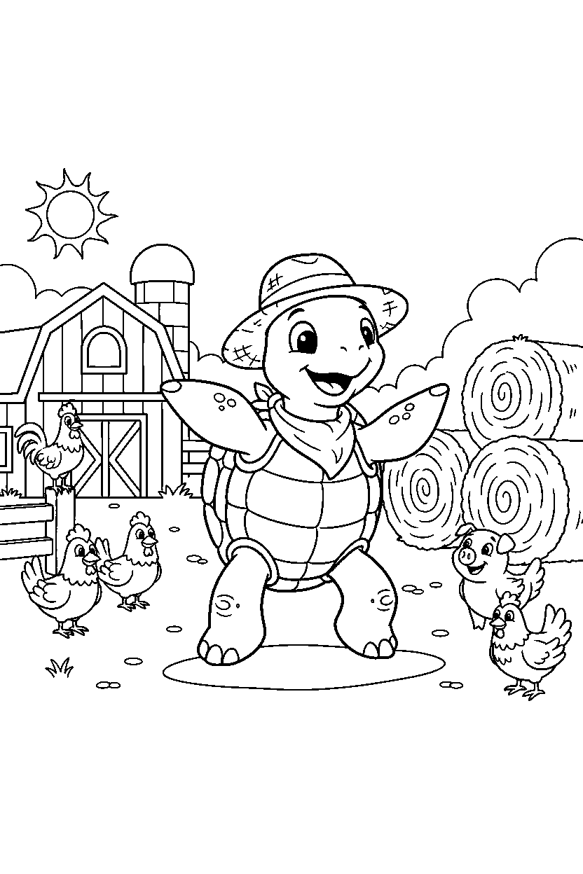 sea turtle dancing happily in a barnyard line art