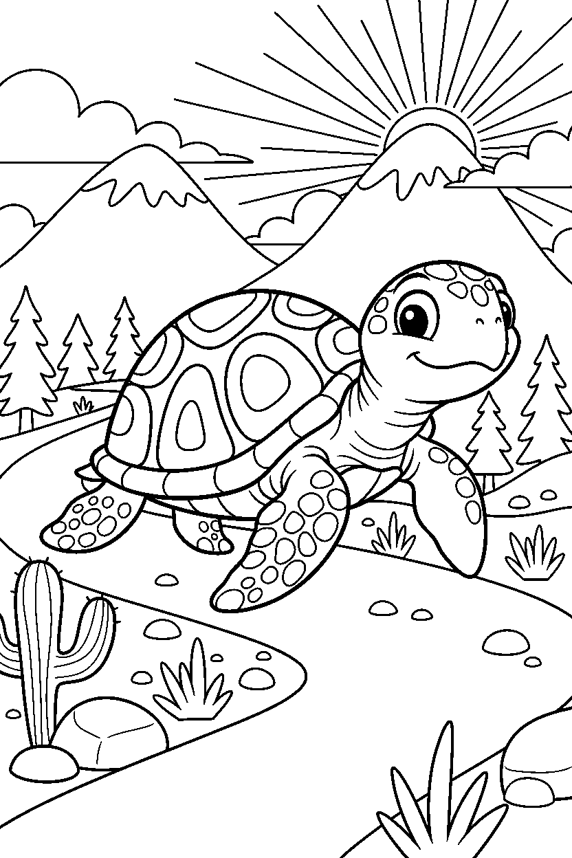 sea turtle exploring curiously on a mountain trail line art