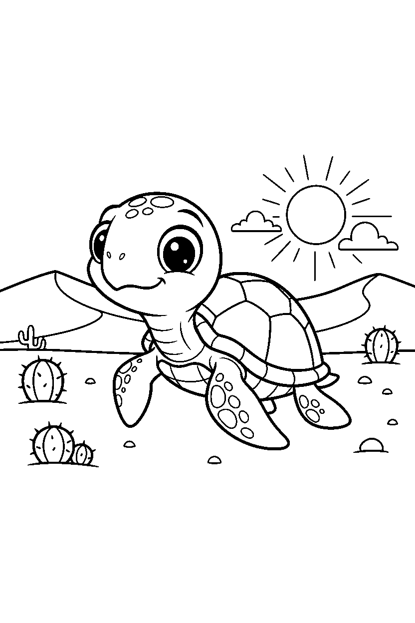 sea turtle looking around curiously in a desert line art