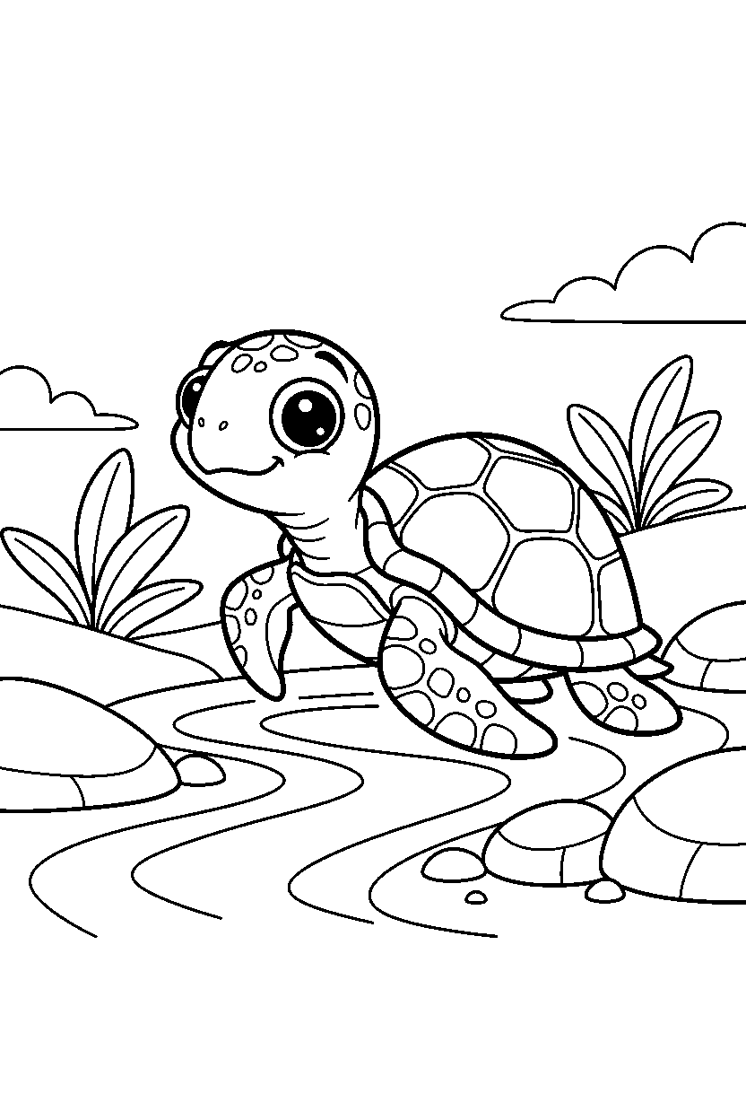 sea turtle looking around curiously near a stream line art