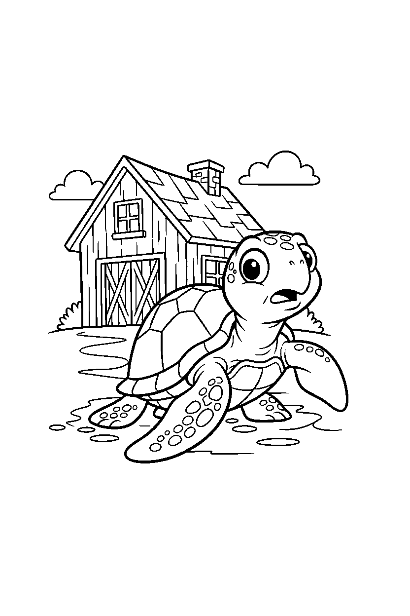 sea turtle looking surprised near a farmhouse line art