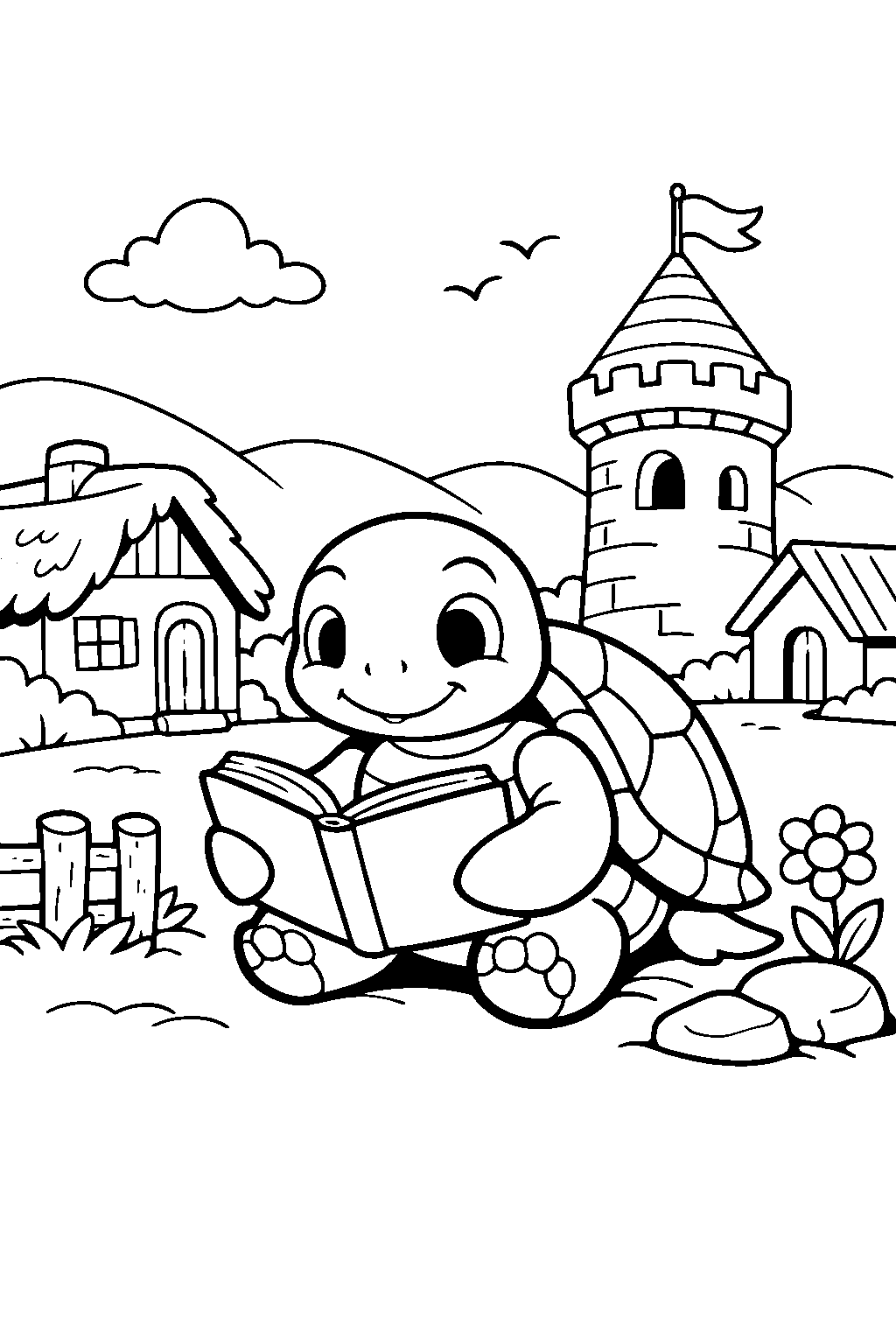 sea turtle reading a book in a village line art