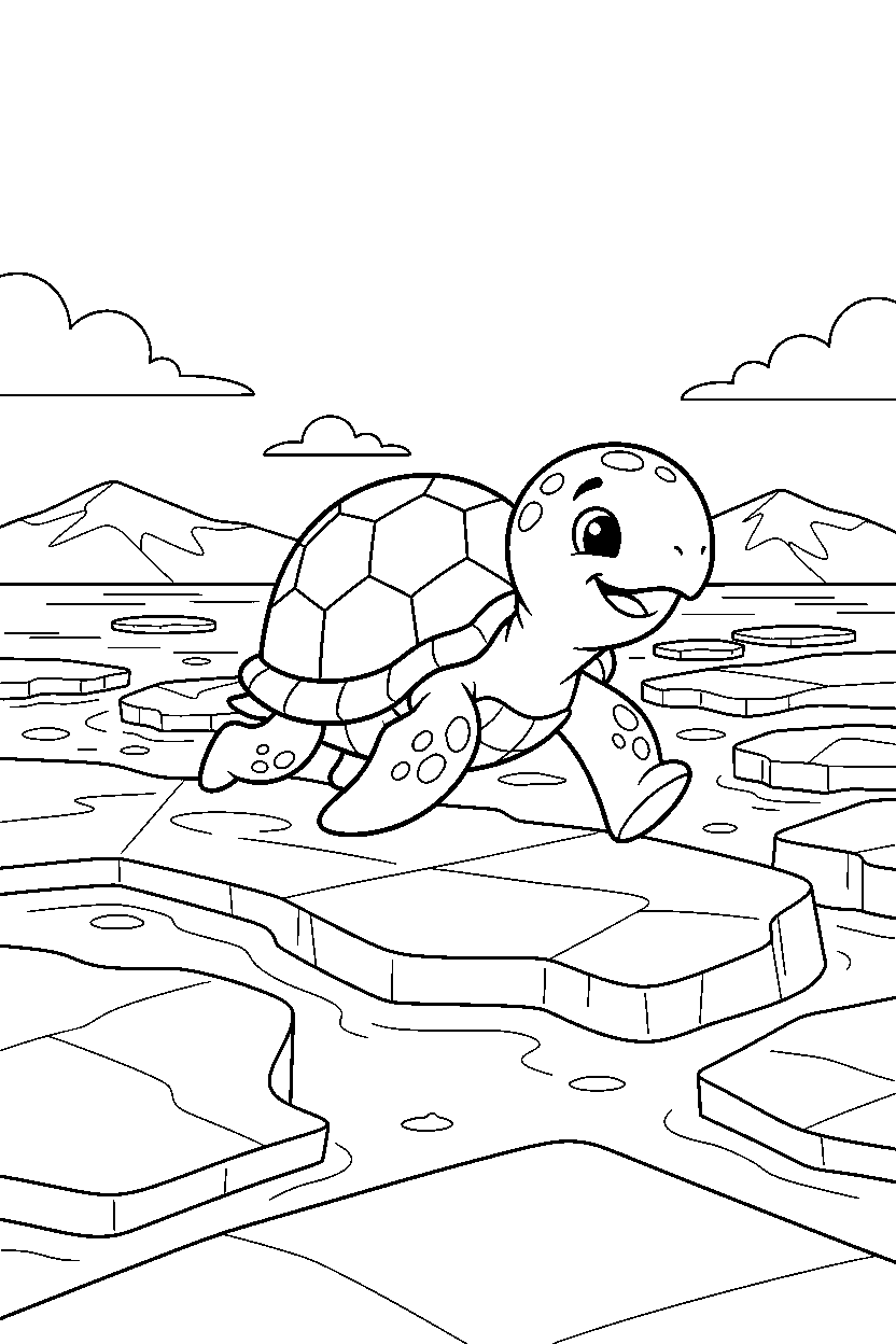 sea turtle running happily on sea ice line art