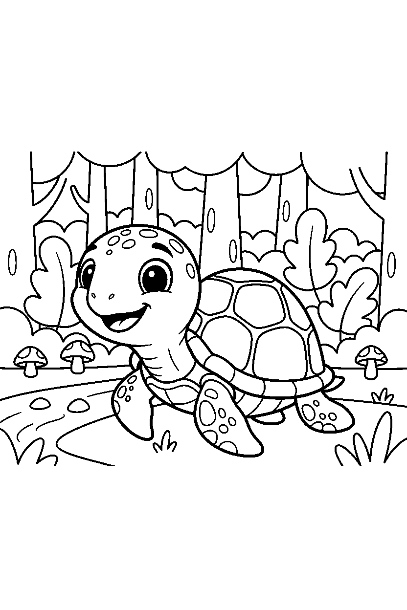 sea turtle smiling in a forest line art