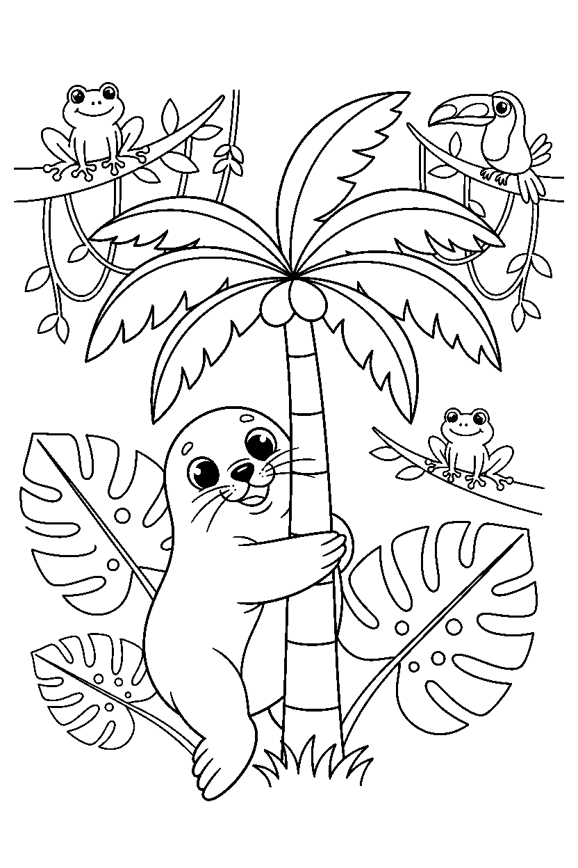 seal hugging happily in the rainforest line art