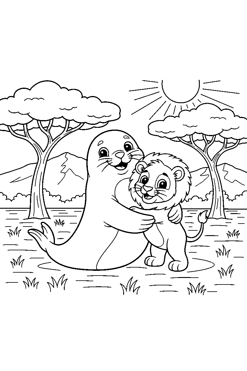 seal hugging happily on the savanna line art