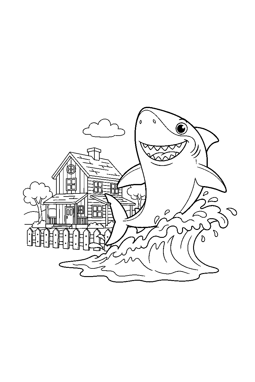 shark hopping happily near a farmhouse line art