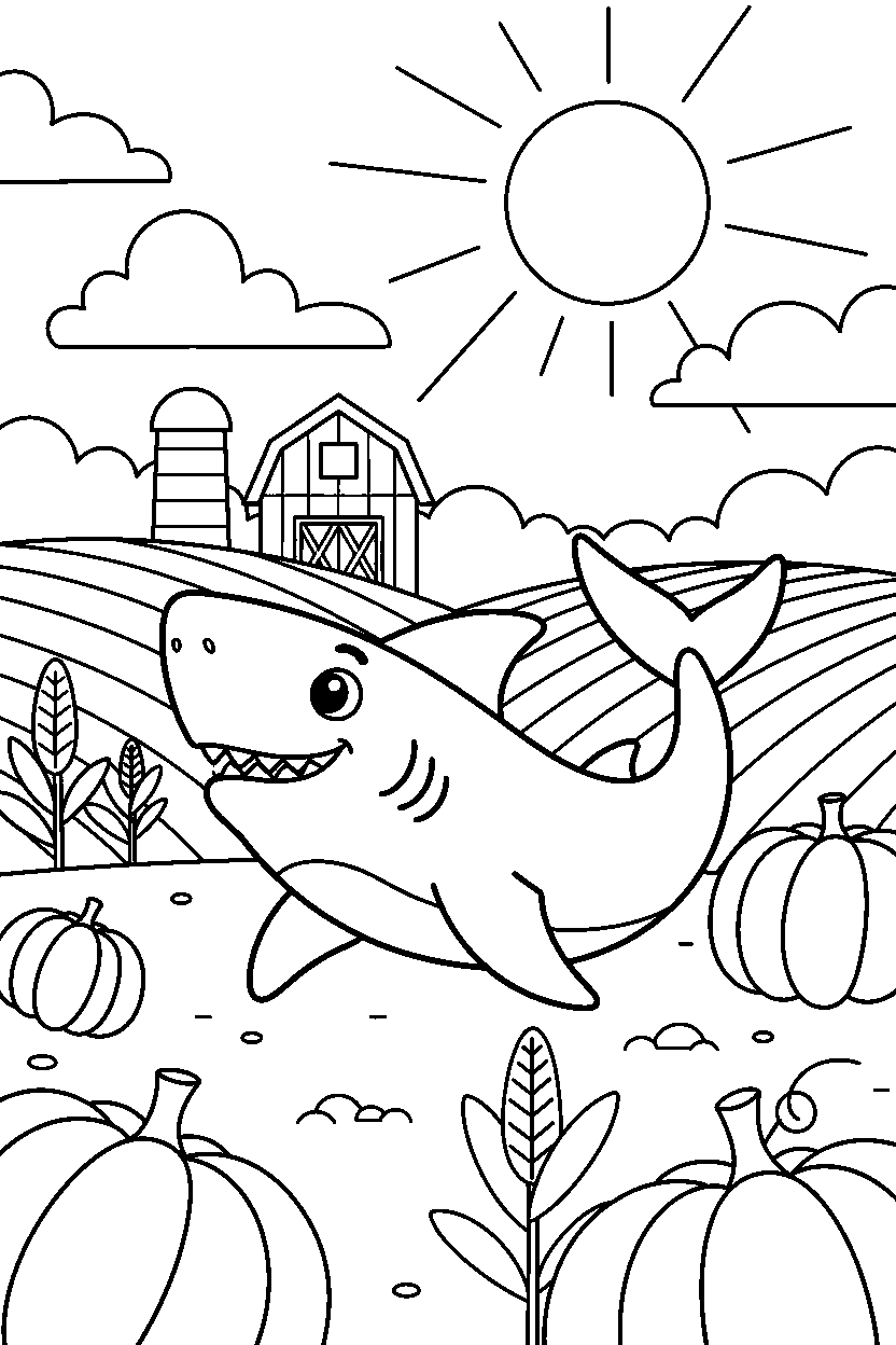 shark stretching playfully in a farm field line art