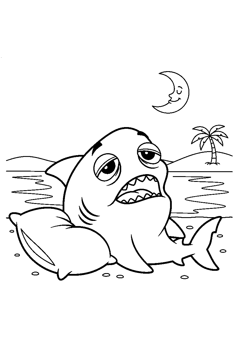 shark yawning sleepily on a lake shore line art