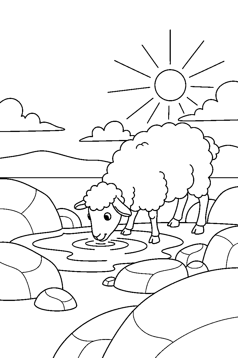 sheep drinking water on a rocky shore line art