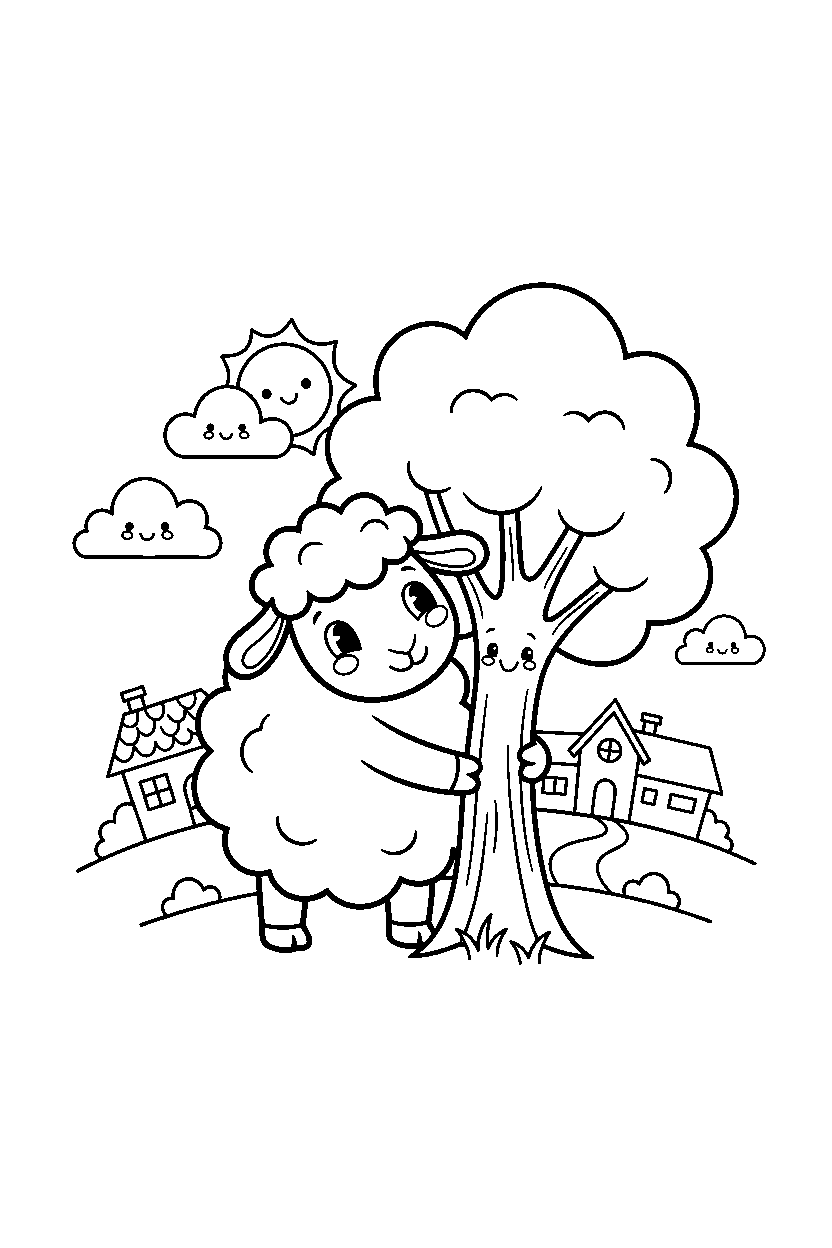sheep hugging happily in a cartoon village line art