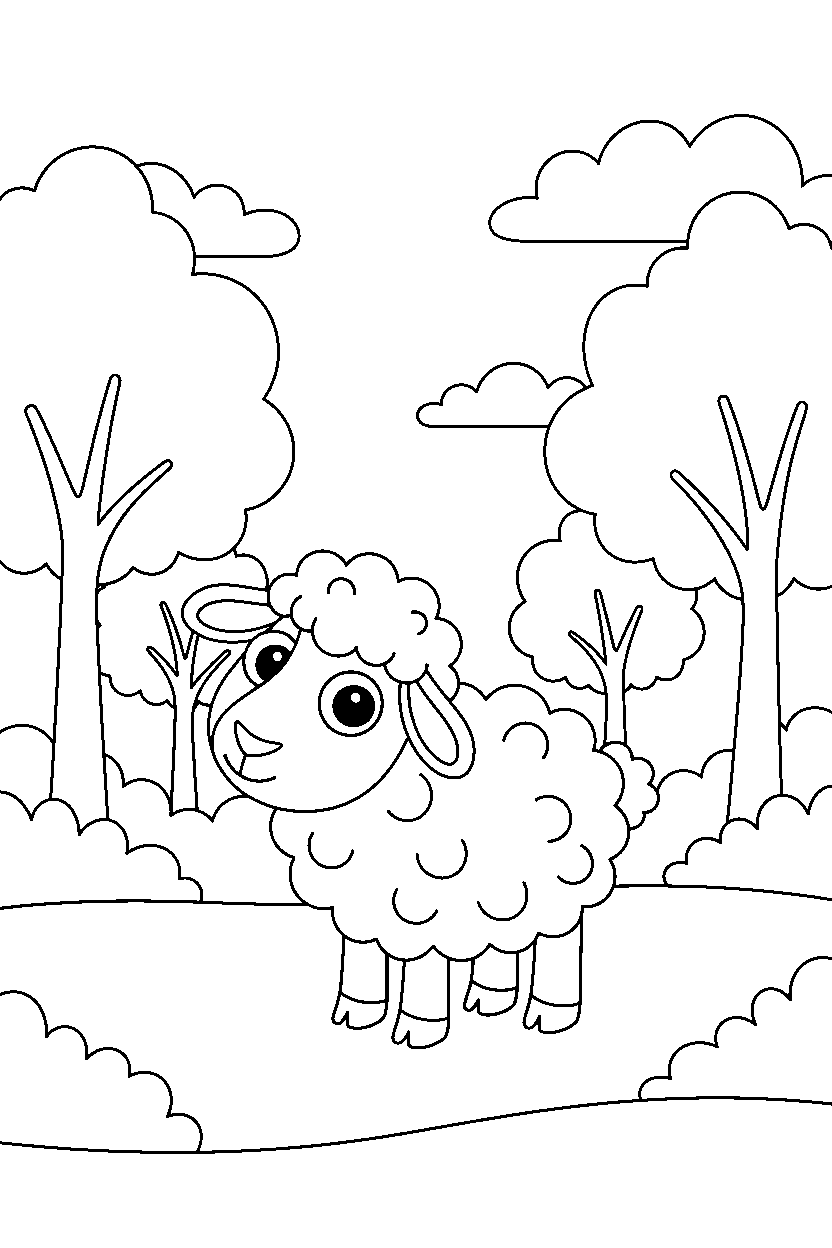 sheep looking around in a forest line art