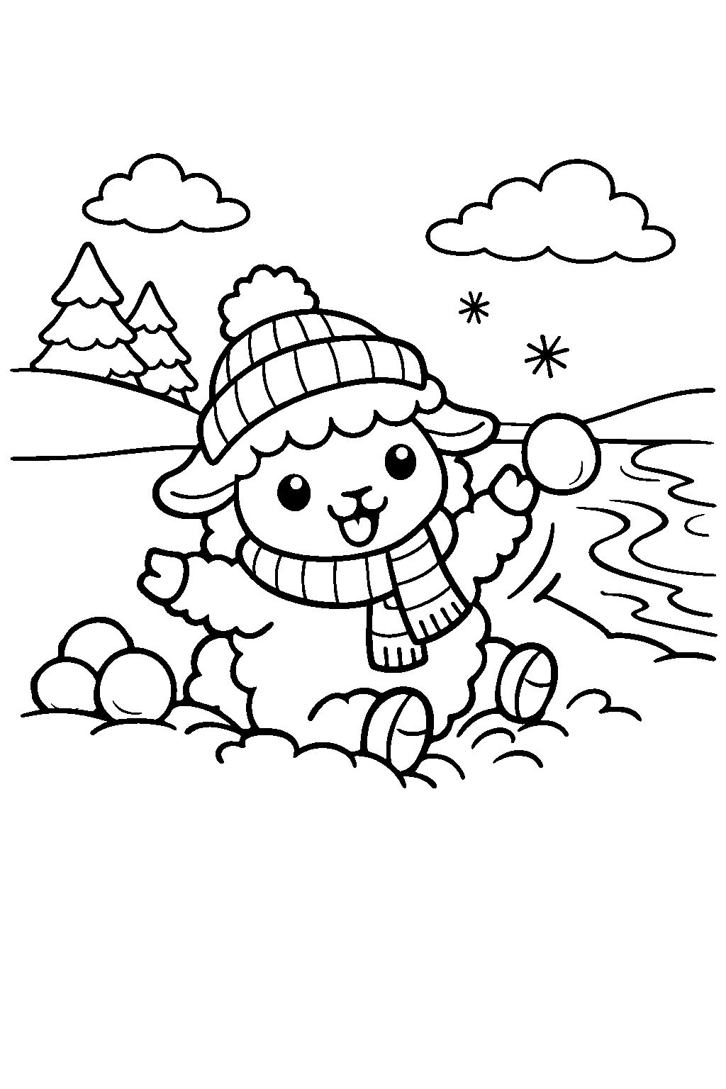 sheep playing snow on a river bank line art