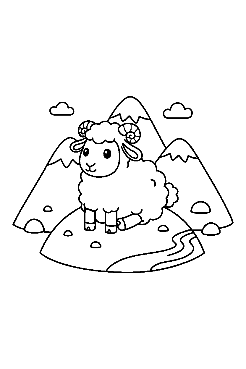 sheep sitting calmly in the mountains line art