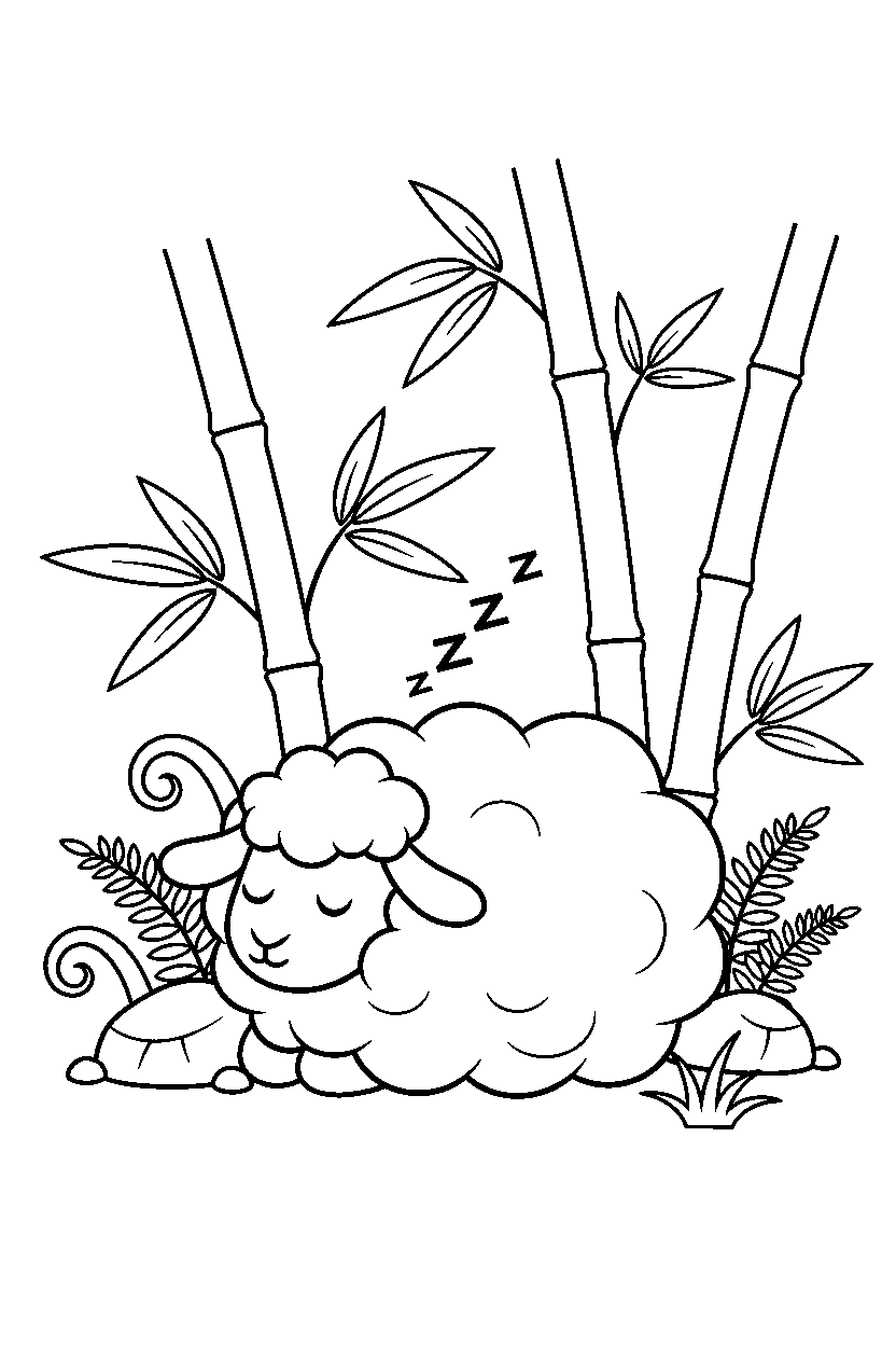sheep sleeping peacefully in a bamboo forest line art