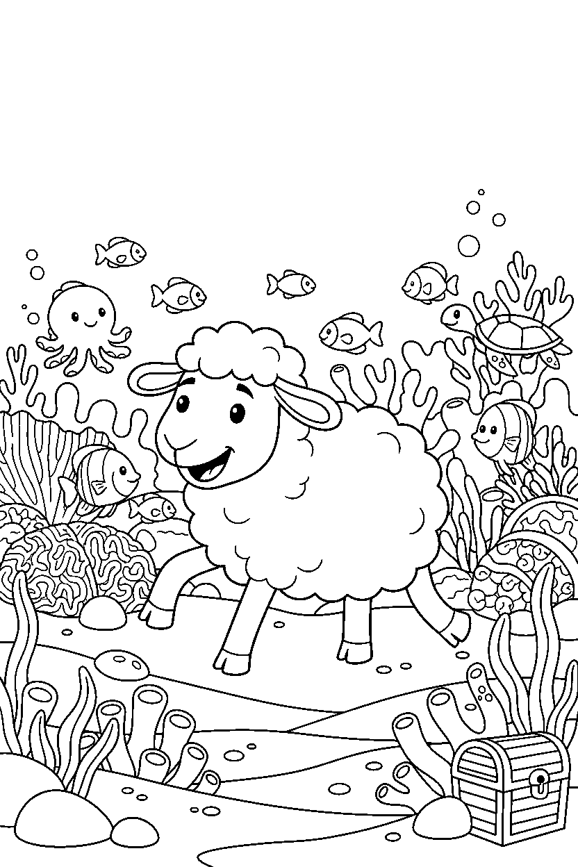 sheep walking happily in a coral reef line art