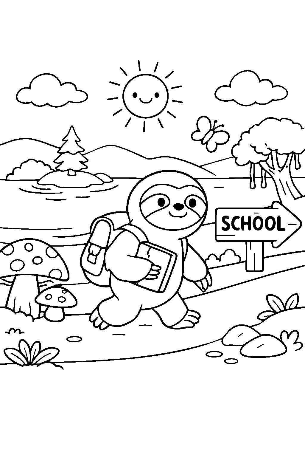 sloth going to school in a fantasy forest line art